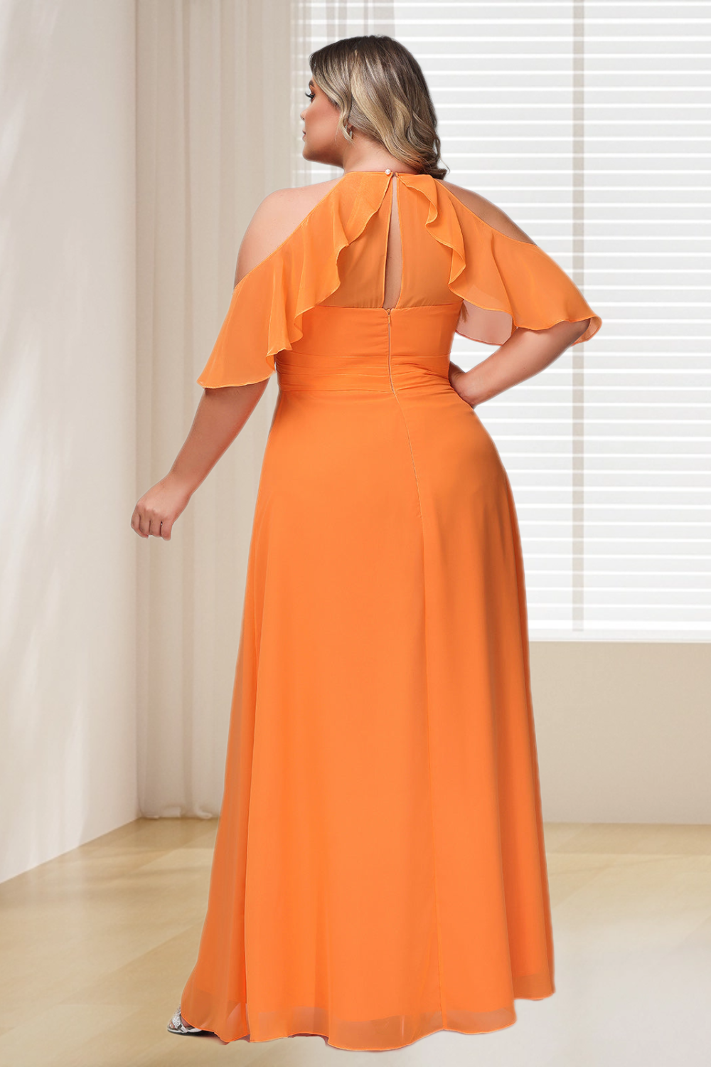Dresime Plus Size Spaghetti Straps Ruffle Trimmed Sleeves Long Bridesmaid Dress
