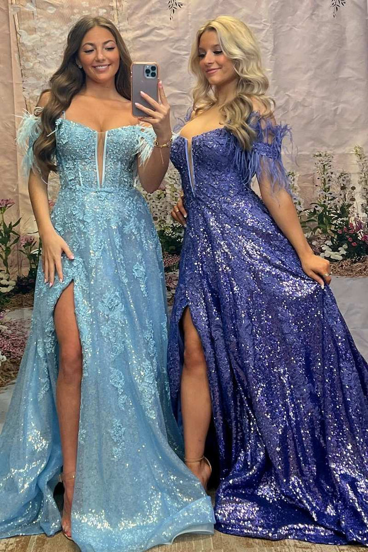 dressimeA Line Appliques Slit Long Prom Dresses with Feather 