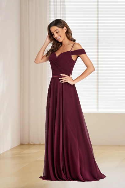 dressimeA Line Burgundy Off the Shoulder Floor Length Bridesmaid Dresses 