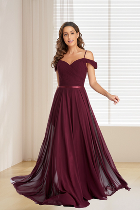 dressimeA Line Burgundy Off the Shoulder Floor Length Bridesmaid Dresses 