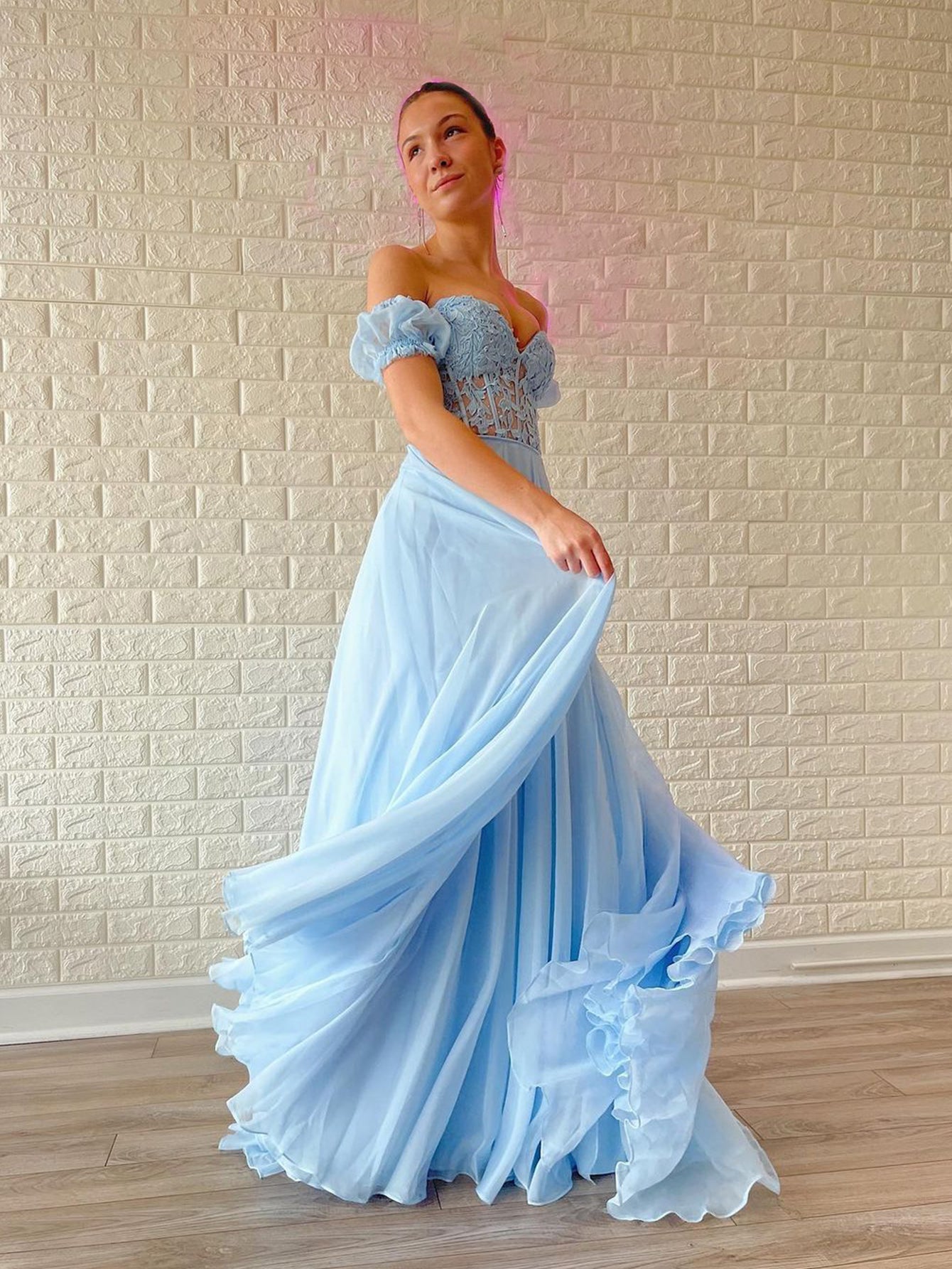 dressimeA-Line Chiffon Applique Sweetheart Prom Dress with Puff Sleeves 