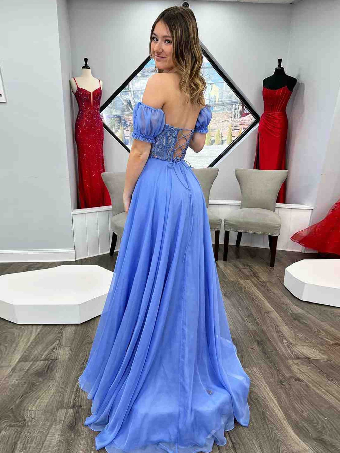 dressimeA-Line Chiffon Applique Sweetheart Prom Dress with Puff Sleeves 