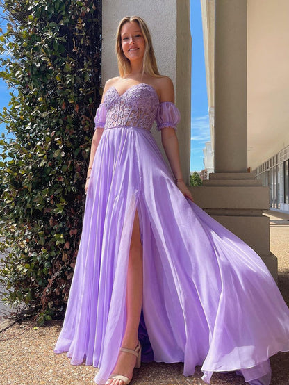 dressimeA-Line Chiffon Applique Sweetheart Prom Dress with Puff Sleeves 