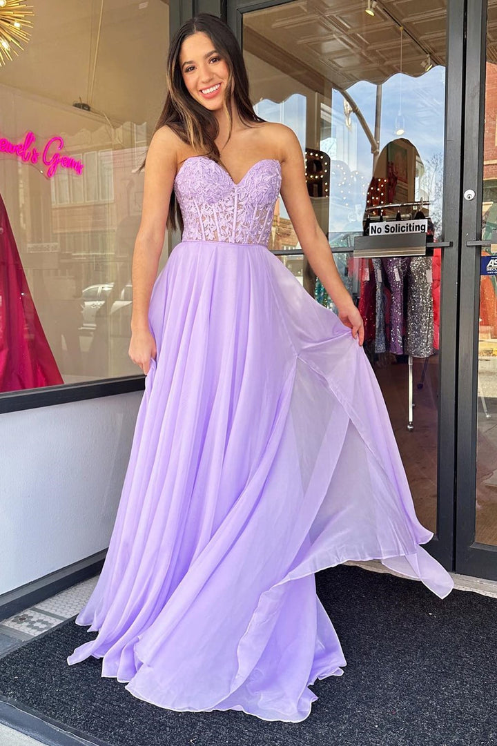 dressimeA-Line Chiffon Applique Sweetheart Prom Dress with Puff Sleeves 