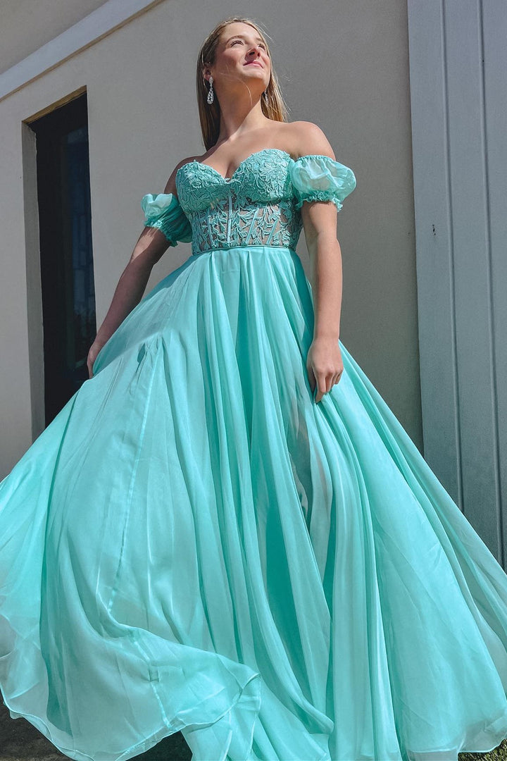 dressimeA-Line Chiffon Applique Sweetheart Prom Dress with Puff Sleeves 