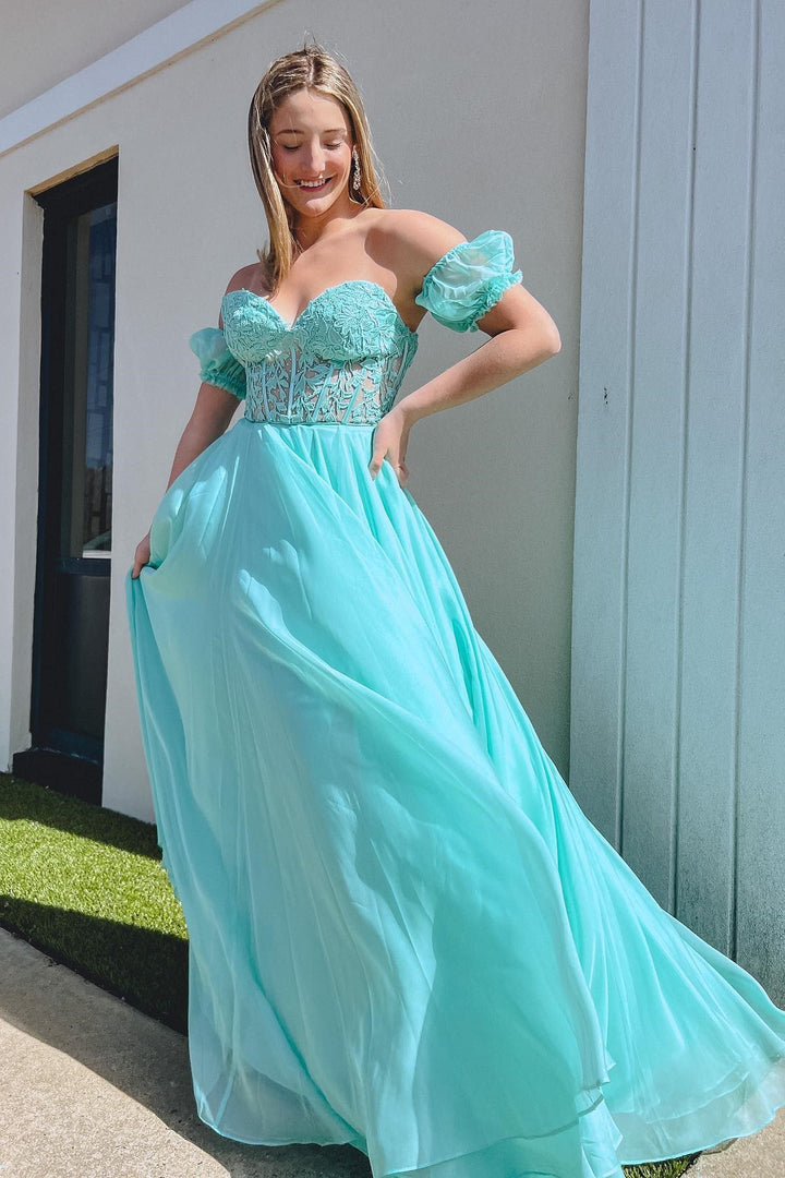 dressimeA-Line Chiffon Applique Sweetheart Prom Dress with Puff Sleeves 