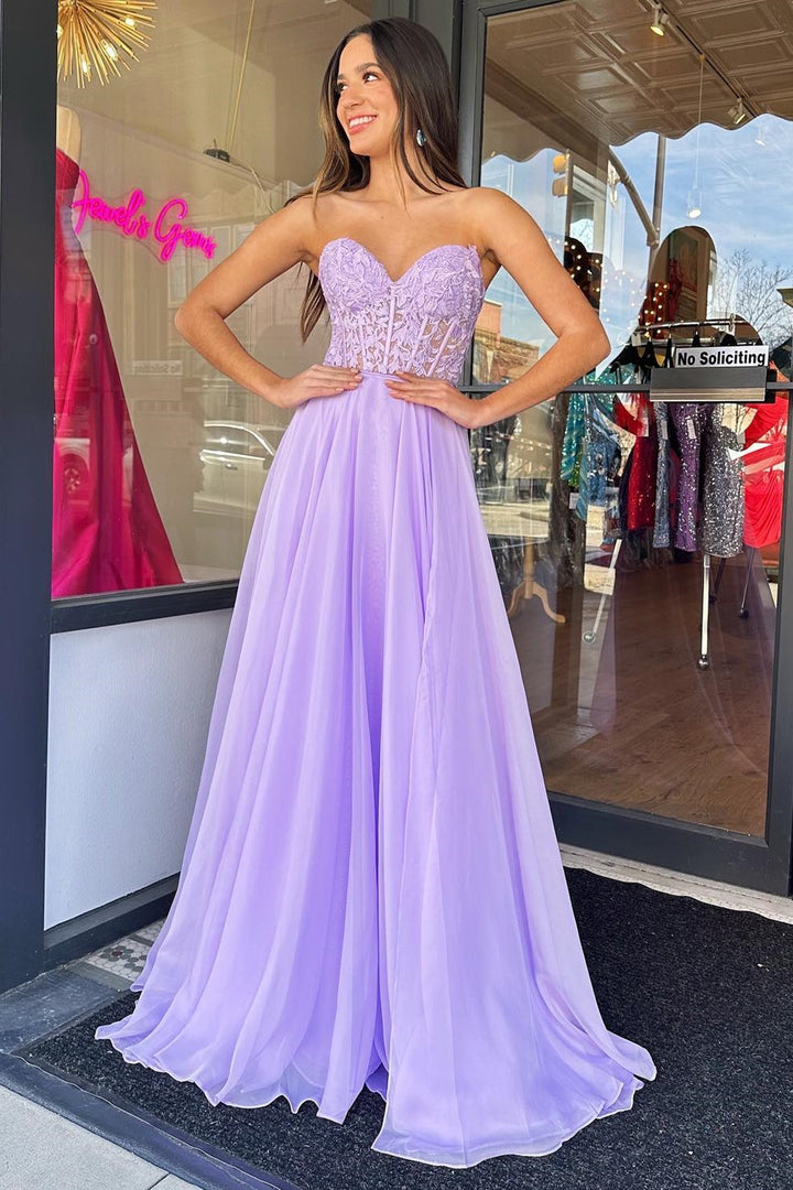 dressimeA-Line Chiffon Applique Sweetheart Prom Dress with Puff Sleeves 