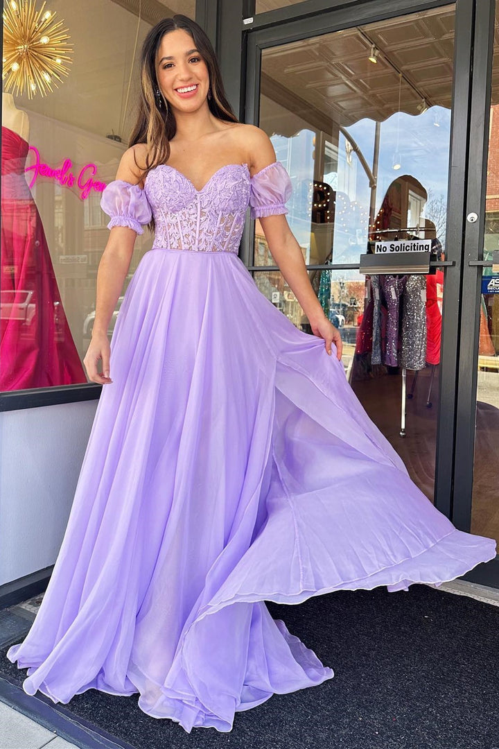 dressimeA-Line Chiffon Applique Sweetheart Prom Dress with Puff Sleeves 