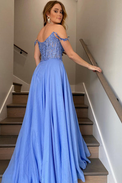 dressimeA Line Chiffon Off The Shoulder Strpas Prom Dresses With Slit 