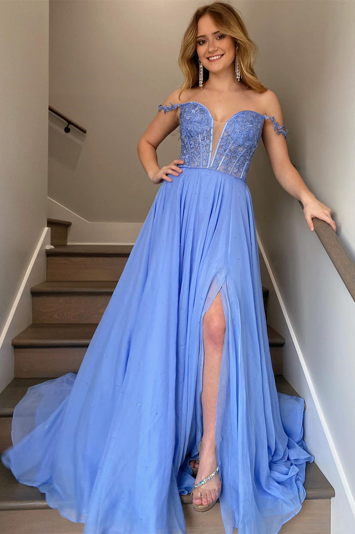 dressimeA Line Chiffon Off The Shoulder Strpas Prom Dresses With Slit 