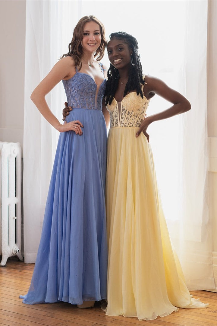 dressimeA Line Chiffon Off The Shoulder Strpas Prom Dresses With Slit 