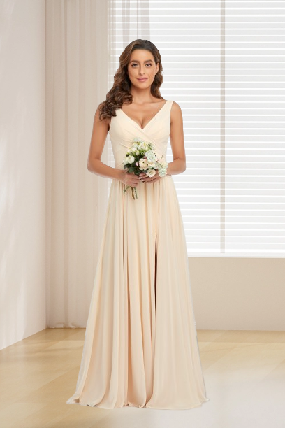 dressimeA Line Chiffon Straps V Neck Long Bridesmaid Dresses With Slit 