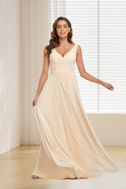 dressimeA Line Chiffon Straps V Neck Long Bridesmaid Dresses With Slit 