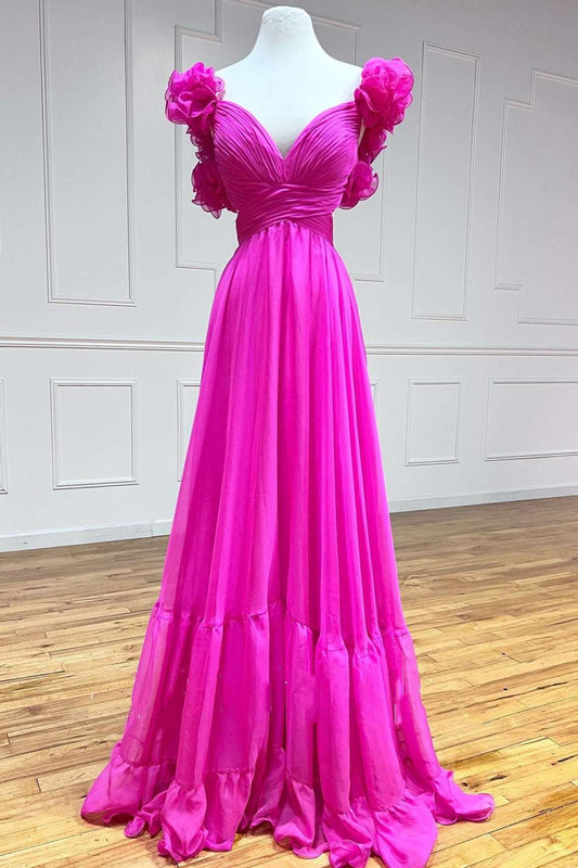 dressimeA-Line Chiffon V-Neck Ruffled Straps Prom Dress 