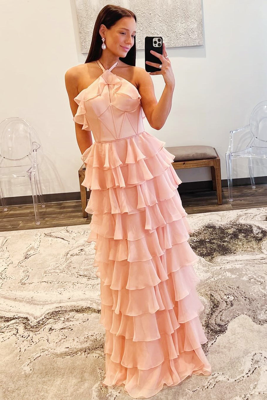 Dressime A Line Halter Chiffon Keyhole Ruffle Tiered Prom Dress with Slit dressime