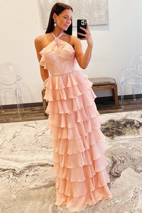 Dressime A Line Halter Chiffon Keyhole Ruffle Tiered Prom Dress with Slit dressime