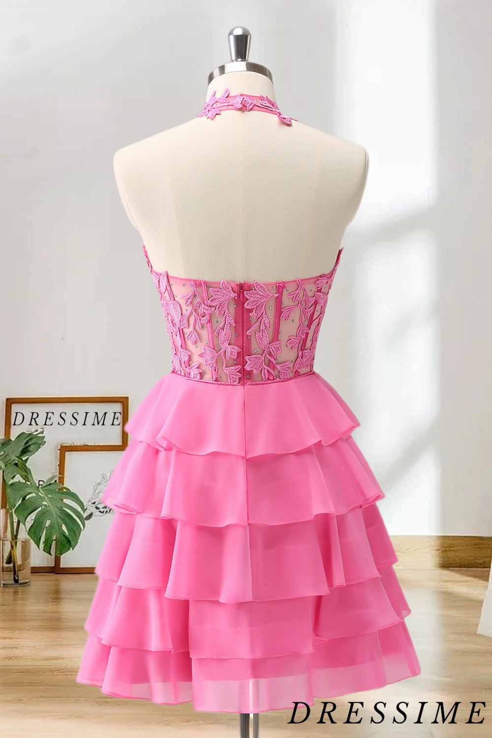 Dressime A Line Halter Chiffon Lace Tiered ShortMini Homecoming Dress dressime