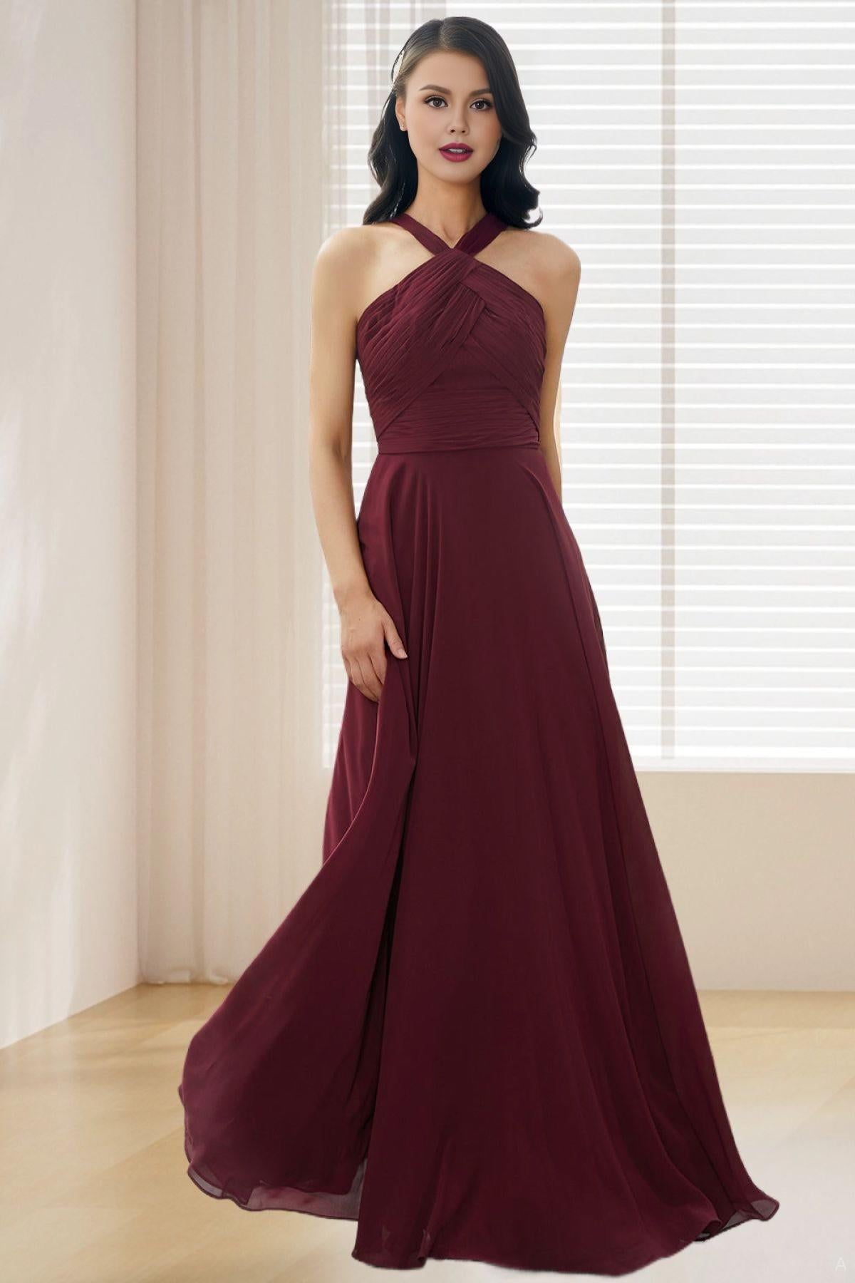 Dressime A Line Halter Chiffon Long Bridesmaid Dress dressime