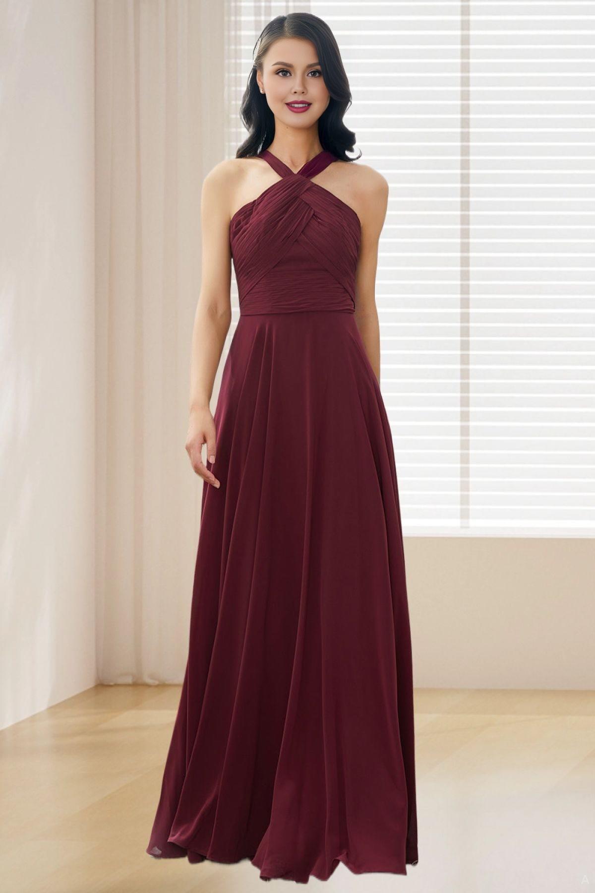 Dressime A Line Halter Chiffon Long Bridesmaid Dress dressime