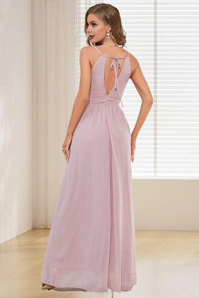 Dressime A Line Halter Chiffon Long Bridesmaid Dress with Slit dressime