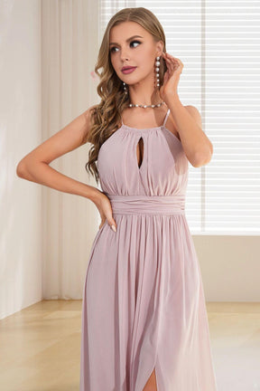 Dressime A Line Halter Chiffon Long Bridesmaid Dress with Slit dressime