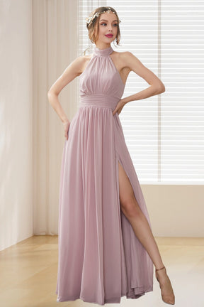 Dressime A Line Halter Pleated Chiffon Bridesmaid Dress dressime