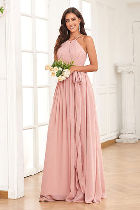 dressimeA Line Halter Pleated Chiffon Long Bridesmaid Dresses 