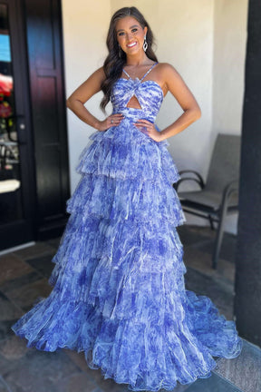 Dressime A Line Halter Print Keyhole Ruffle Tiered Long Prom Dress dressime