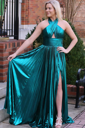 Dressime A Line Halter Satin Keyhole Long Prom Dress dressime