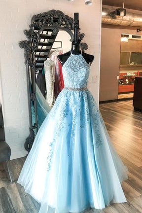 Dressime A Line Halter Tulle Long Prom Dress With Appliques dressime