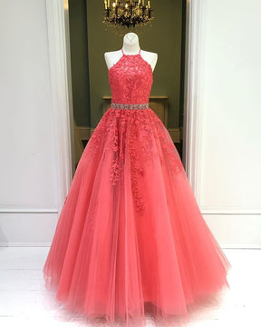 Dressime A Line Halter Tulle Long Prom Dress With Appliques dressime