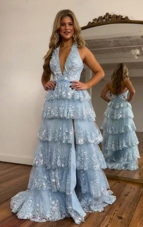 Dressime A Line Halter Tulle Ruffle Tiered Long Prom Dress With Appliques dressime