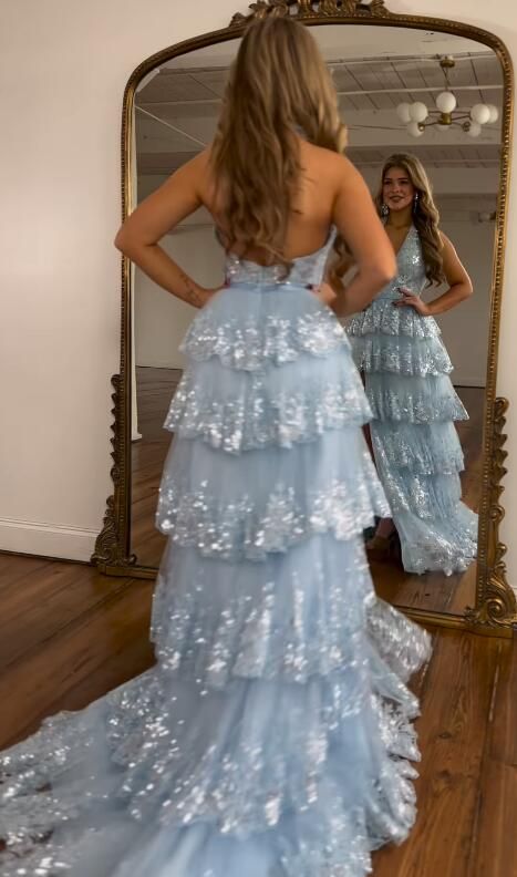 Dressime A Line Halter Tulle Ruffle Tiered Long Prom Dress With Appliques dressime