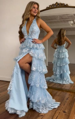 Dressime A Line Halter Tulle Ruffle Tiered Long Prom Dress With Appliques dressime