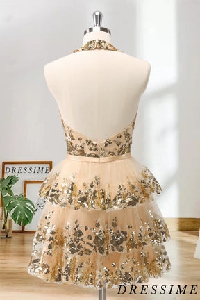 Dressime A Line Halter Tulle Short/Mini Tiered Homecoming Dress With Sequin Appliques dressime