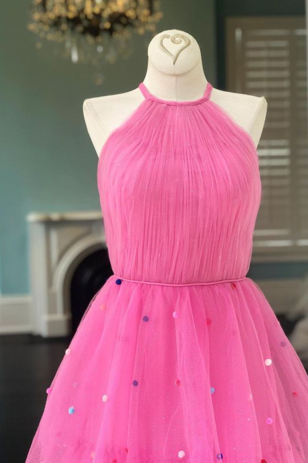 Dressime A-Line Halter Tulle Tiered Prom Dress with Colorful Dots dressime