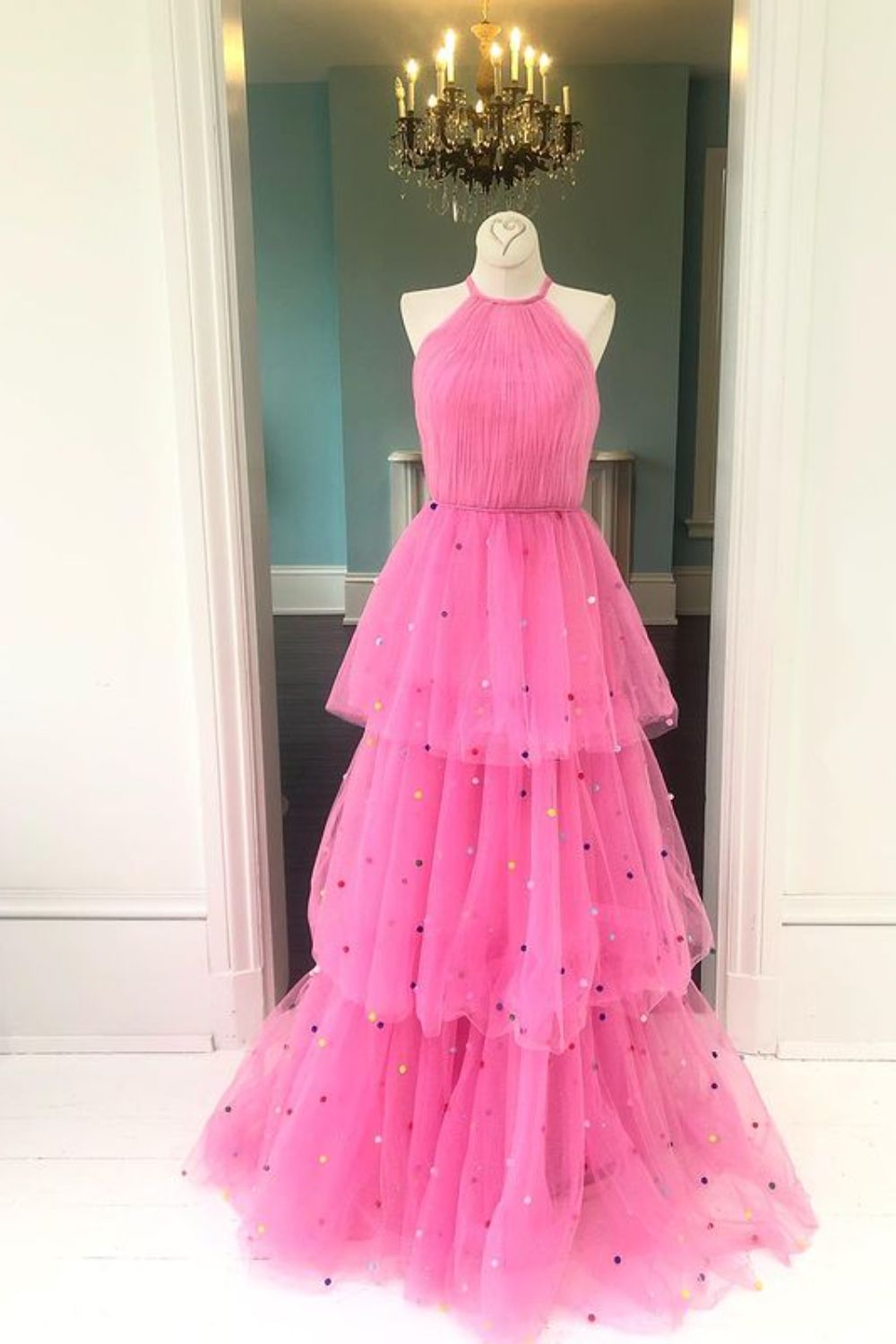 Dressime A-Line Halter Tulle Tiered Prom Dress with Colorful Dots dressime