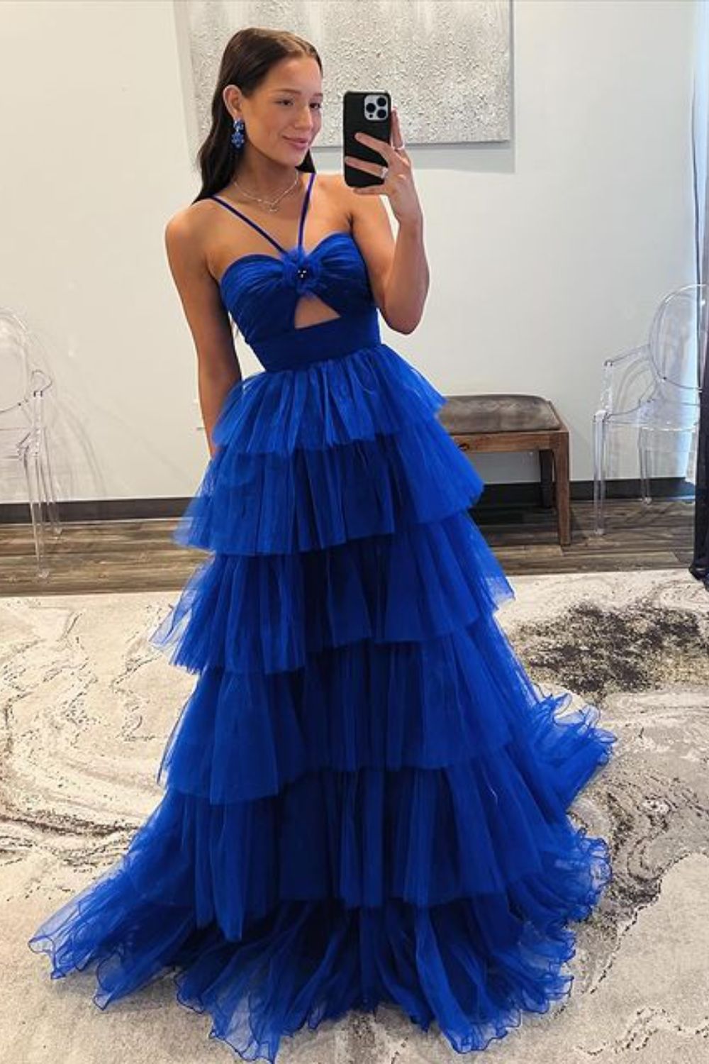 Dressime A-Line Halter keyhole Tulle Tiered Long Prom Dress dressime