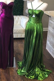 dressimeA Line Key Hole Metallic Pleated Long Prom Dress with Slit 