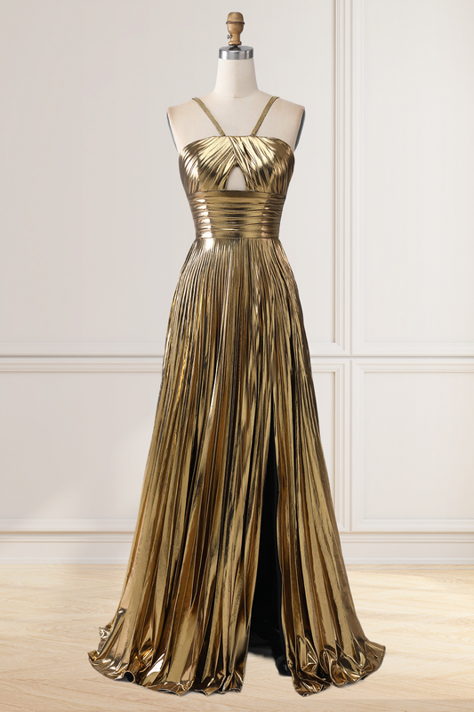 Dressime A Line Key Hole Metallic Pleated Long Prom Dress with Slit dressime