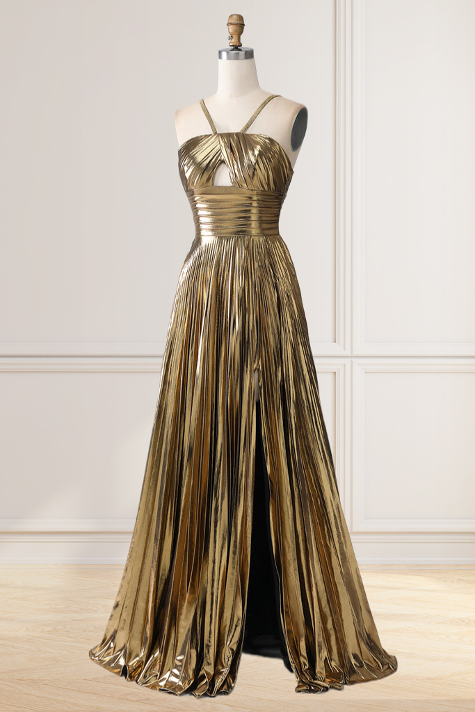 Dressime A Line Key Hole Metallic Pleated Long Prom Dress with Slit dressime