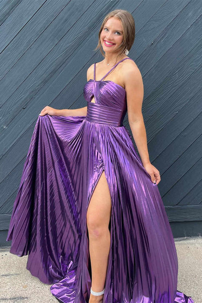 dressimeA Line Key Hole Metallic Pleated Long Prom Dress with Slit 