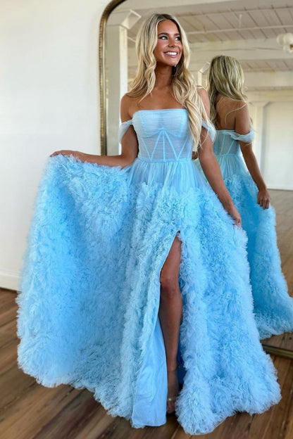 dressimeA-Line Off Shoulder Tulle Long Prom Dresses With Slit 