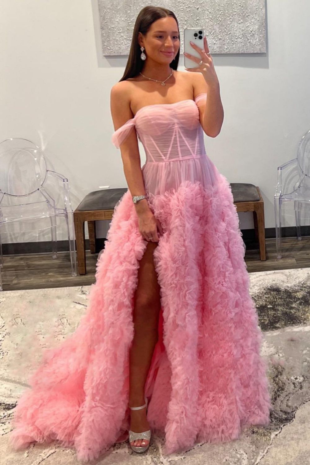 dressimeA-Line Off Shoulder Tulle Long Prom Dresses With Slit 