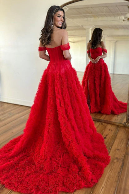 dressimeA-Line Off Shoulder Tulle Long Prom Dresses With Slit 