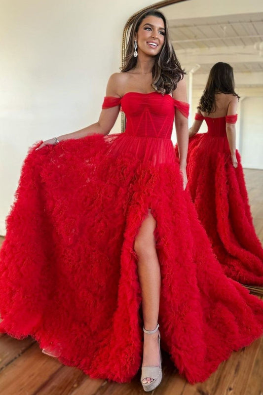 dressimeA-Line Off Shoulder Tulle Long Prom Dresses With Slit 