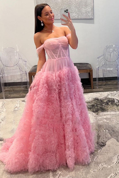 dressimeA-Line Off Shoulder Tulle Long Prom Dresses With Slit 