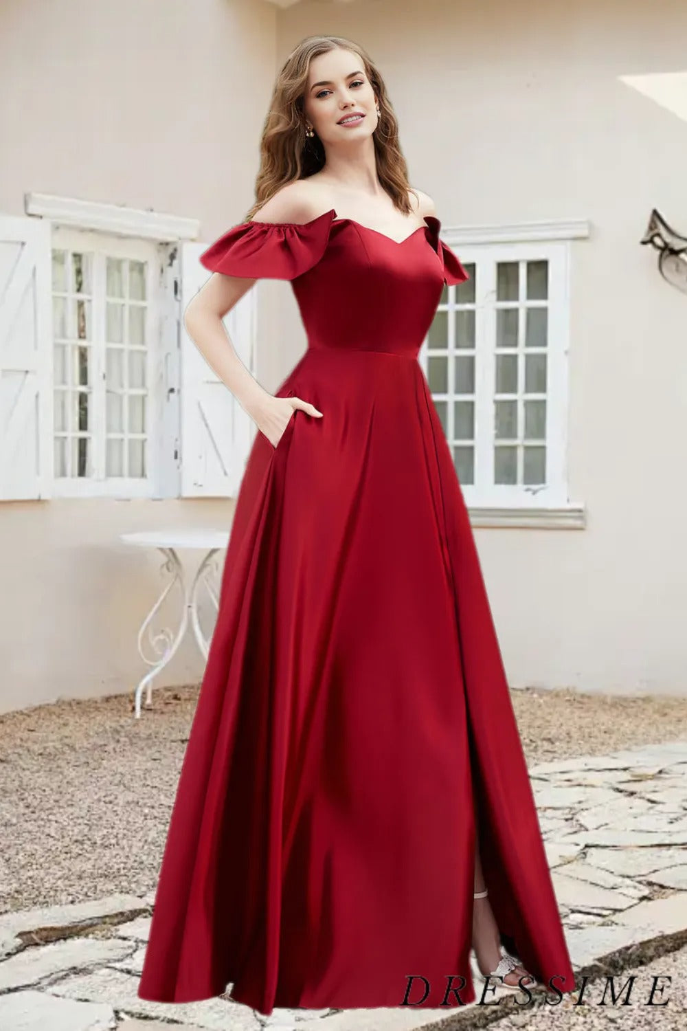 Dressime A Line Off The Shoulder Satin Long Bridesmaid Dress With Slit dressime