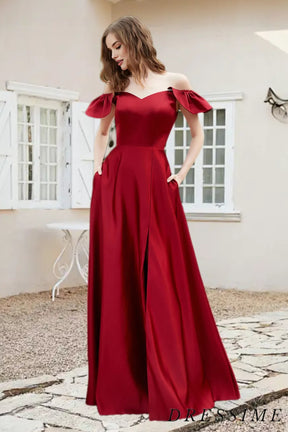 Dressime A Line Off The Shoulder Satin Long Bridesmaid Dress With Slit dressime