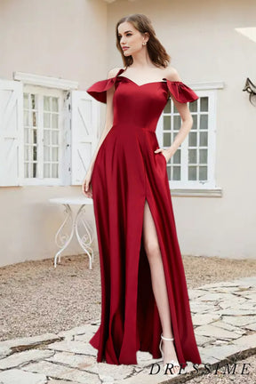 Dressime A Line Off The Shoulder Satin Long Bridesmaid Dress With Slit dressime